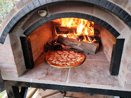Traditional brick oven with freshly baked pizza