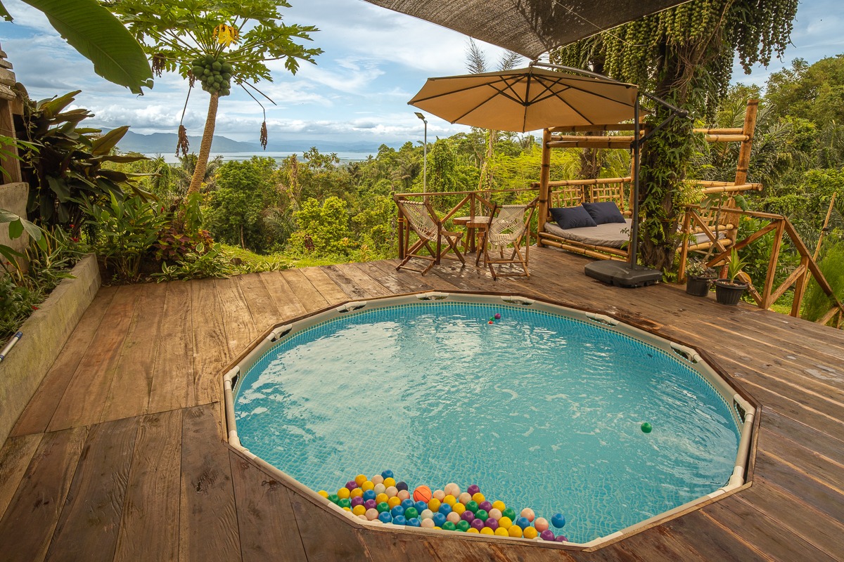 Intex dipping pool with farm backdrop